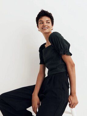 Madewell NG896 Puff-Sleeve Crop Top in Stripe Green New XL